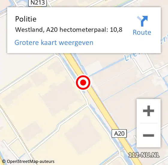 Locatie op kaart van de 112 melding: Politie Westland, A20 hectometerpaal: 10,8 op 31 maart 2022 18:12