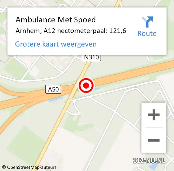 Locatie op kaart van de 112 melding: Ambulance Met Spoed Naar Arnhem, A12 hectometerpaal: 121,6 op 31 maart 2022 18:34