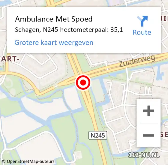 Locatie op kaart van de 112 melding: Ambulance Met Spoed Naar Schagen, N245 hectometerpaal: 35,1 op 31 maart 2022 19:09