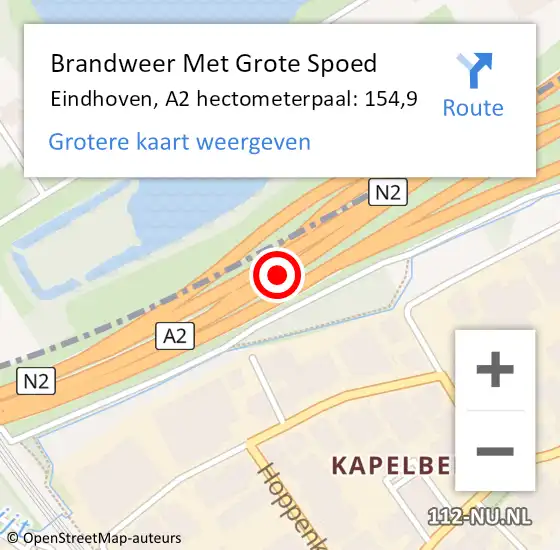 Locatie op kaart van de 112 melding: Brandweer Met Grote Spoed Naar Eindhoven, A2 hectometerpaal: 154,9 op 31 maart 2022 21:34