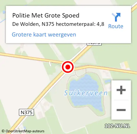 Locatie op kaart van de 112 melding: Politie Met Grote Spoed Naar De Wolden, N375 hectometerpaal: 4,8 op 31 maart 2022 21:56