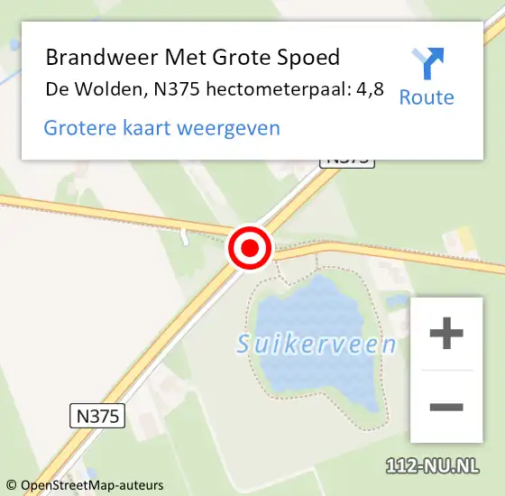 Locatie op kaart van de 112 melding: Brandweer Met Grote Spoed Naar De Wolden, N375 hectometerpaal: 4,8 op 31 maart 2022 21:58
