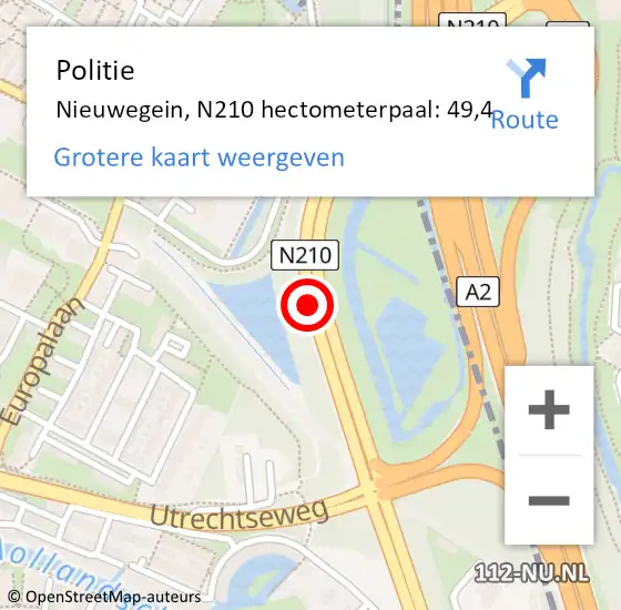 Locatie op kaart van de 112 melding: Politie Nieuwegein, N210 hectometerpaal: 49,4 op 31 maart 2022 23:08