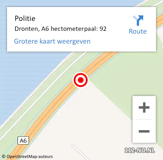 Locatie op kaart van de 112 melding: Politie Dronten, A6 hectometerpaal: 92 op 1 april 2022 00:15