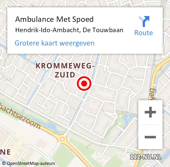 Locatie op kaart van de 112 melding: Ambulance Met Spoed Naar Hendrik-Ido-Ambacht, De Touwbaan op 1 april 2022 04:39