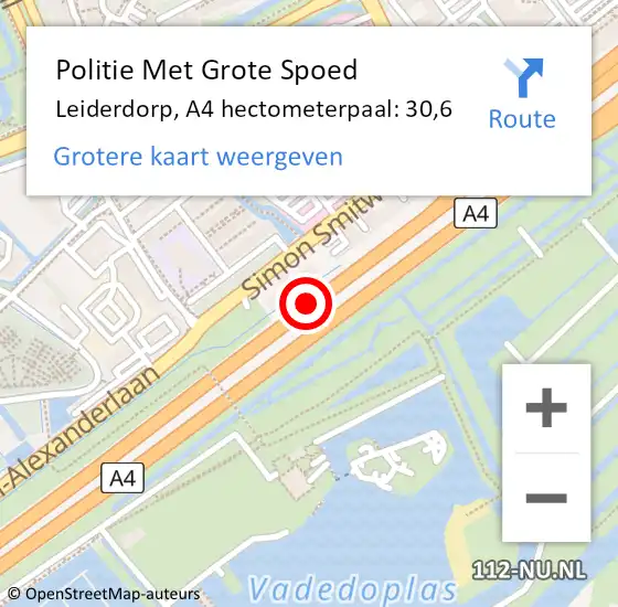 Locatie op kaart van de 112 melding: Politie Met Grote Spoed Naar Leiderdorp, A4 hectometerpaal: 30,6 op 1 april 2022 06:05