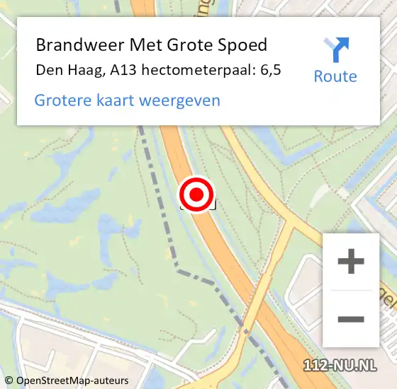 Locatie op kaart van de 112 melding: Brandweer Met Grote Spoed Naar Den Haag, A13 hectometerpaal: 6,5 op 1 april 2022 07:24