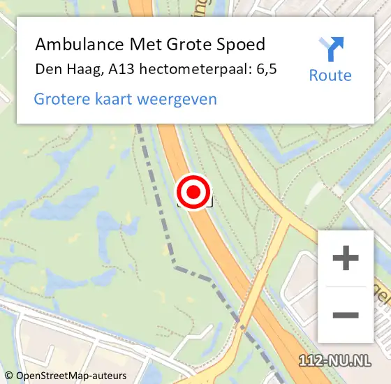 Locatie op kaart van de 112 melding: Ambulance Met Grote Spoed Naar Den Haag, A13 hectometerpaal: 6,5 op 1 april 2022 07:24