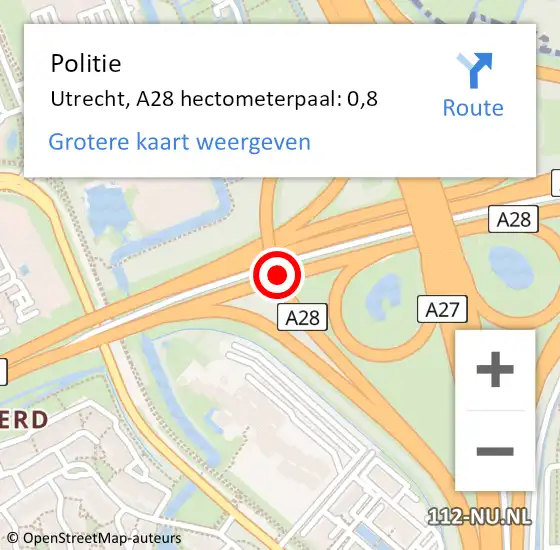 Locatie op kaart van de 112 melding: Politie Utrecht, A28 hectometerpaal: 0,8 op 1 april 2022 07:57