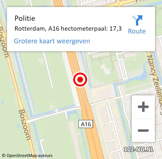 Locatie op kaart van de 112 melding: Politie Rotterdam, A16 hectometerpaal: 17,3 op 1 april 2022 10:28