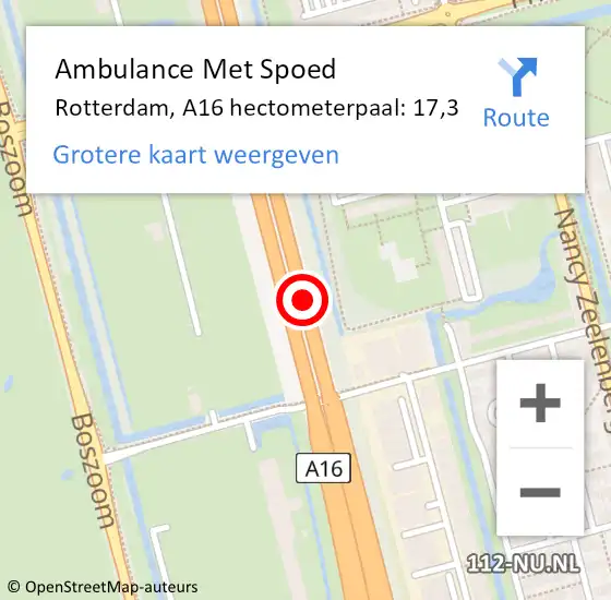 Locatie op kaart van de 112 melding: Ambulance Met Spoed Naar Rotterdam, A16 hectometerpaal: 17,3 op 1 april 2022 10:29