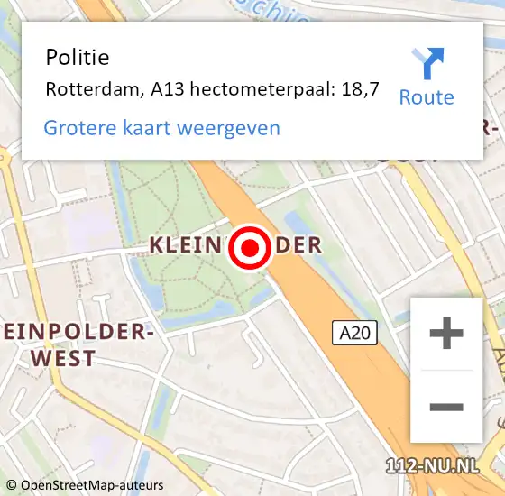 Locatie op kaart van de 112 melding: Politie Rotterdam, A13 hectometerpaal: 18,7 op 1 april 2022 11:12