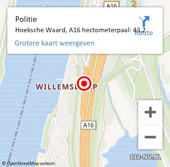 Locatie op kaart van de 112 melding: Politie Dordrecht, A16 hectometerpaal: 43,2 op 1 april 2022 11:42