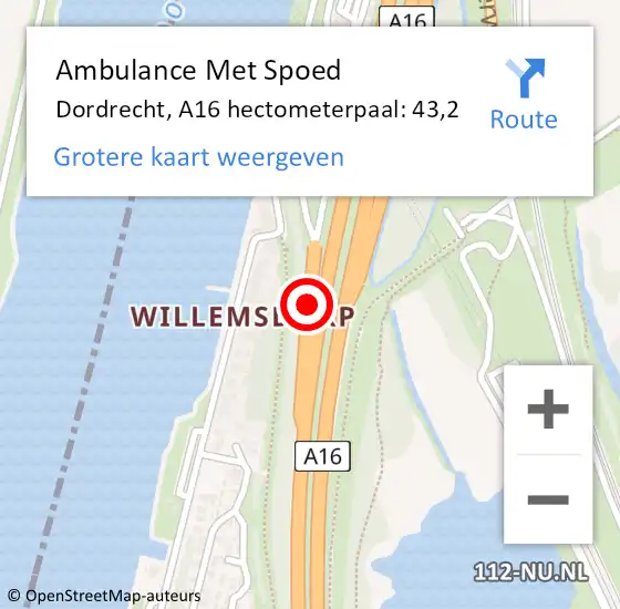 Locatie op kaart van de 112 melding: Ambulance Met Spoed Naar Dordrecht, A16 hectometerpaal: 43,2 op 1 april 2022 11:44