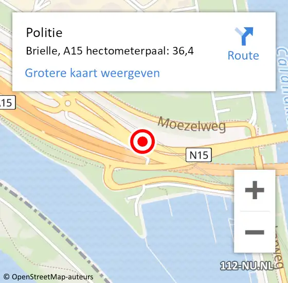 Locatie op kaart van de 112 melding: Politie Brielle, A15 hectometerpaal: 36,4 op 1 april 2022 14:12