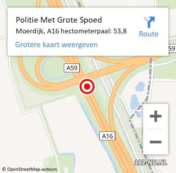 Locatie op kaart van de 112 melding: Politie Met Grote Spoed Naar Moerdijk, A16 hectometerpaal: 53,8 op 1 april 2022 14:12