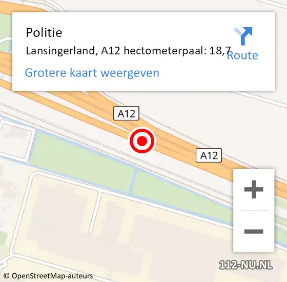 Locatie op kaart van de 112 melding: Politie Lansingerland, A12 hectometerpaal: 18,7 op 1 april 2022 14:33