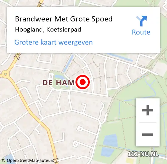 Locatie op kaart van de 112 melding: Brandweer Met Grote Spoed Naar Hoogland, Koetsierpad op 1 april 2022 20:07