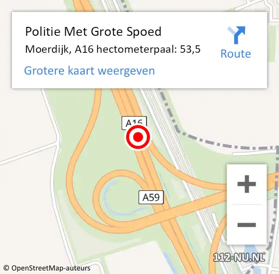 Locatie op kaart van de 112 melding: Politie Met Grote Spoed Naar Moerdijk, A16 hectometerpaal: 53,5 op 1 april 2022 21:39