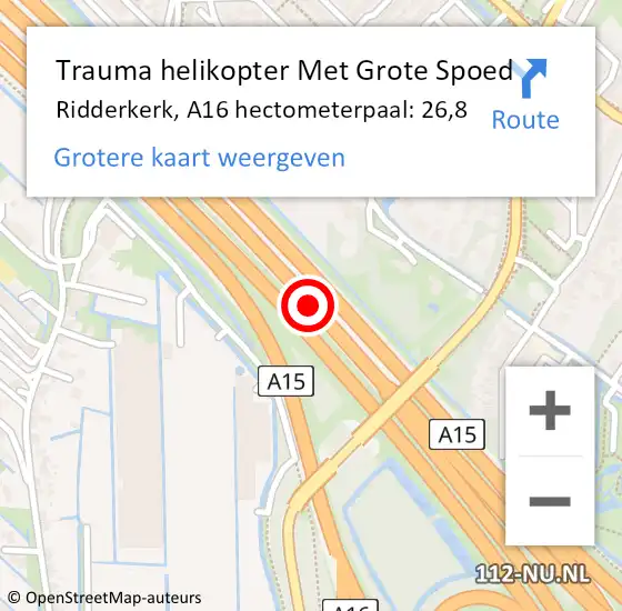 Locatie op kaart van de 112 melding: Trauma helikopter Met Grote Spoed Naar Ridderkerk, A16 hectometerpaal: 26,8 op 1 april 2022 23:25