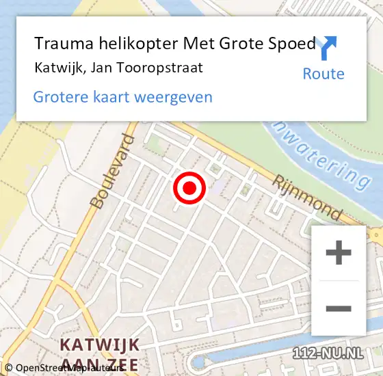 Locatie op kaart van de 112 melding: Trauma helikopter Met Grote Spoed Naar Katwijk, Jan Tooropstraat op 1 april 2022 23:59