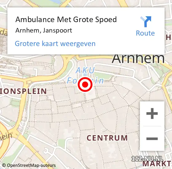 Locatie op kaart van de 112 melding: Ambulance Met Grote Spoed Naar Arnhem, Janspoort op 2 april 2022 01:33