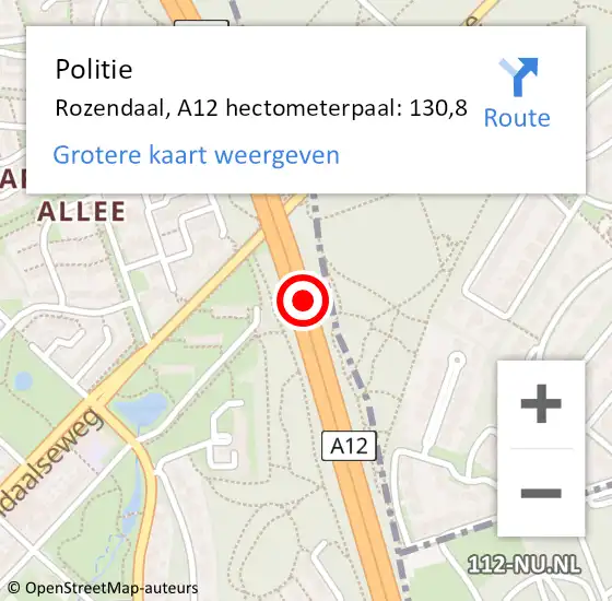 Locatie op kaart van de 112 melding: Politie Rozendaal, A12 hectometerpaal: 130,8 op 2 april 2022 06:04