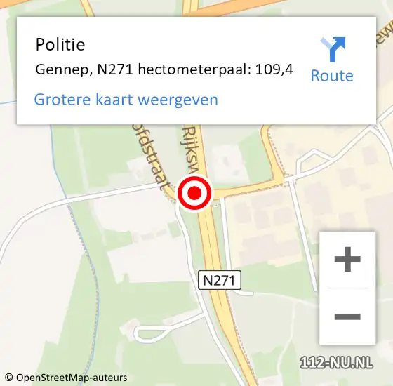 Locatie op kaart van de 112 melding: Politie Gennep, N271 hectometerpaal: 109,4 op 2 april 2022 07:42