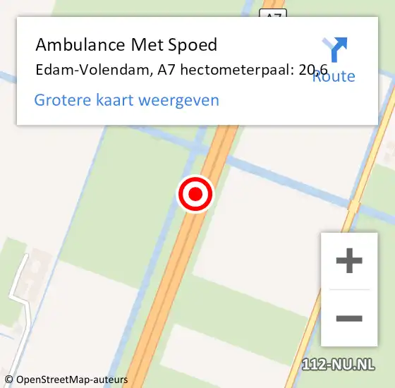 Locatie op kaart van de 112 melding: Ambulance Met Spoed Naar Edam-Volendam, A7 hectometerpaal: 20,6 op 2 april 2022 11:49