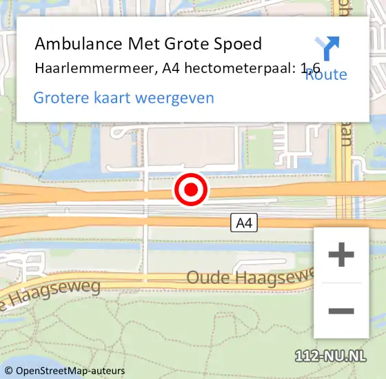 Locatie op kaart van de 112 melding: Ambulance Met Grote Spoed Naar Haarlemmermeer, A4 hectometerpaal: 1,6 op 2 april 2022 12:01