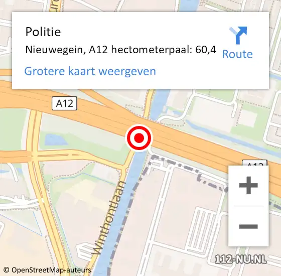 Locatie op kaart van de 112 melding: Politie Nieuwegein, A12 hectometerpaal: 60,4 op 2 april 2022 12:43