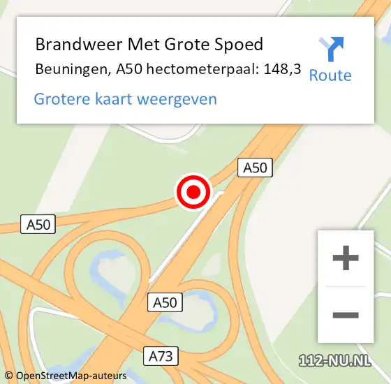 Locatie op kaart van de 112 melding: Brandweer Met Grote Spoed Naar Beuningen, A50 hectometerpaal: 148,3 op 2 april 2022 14:46