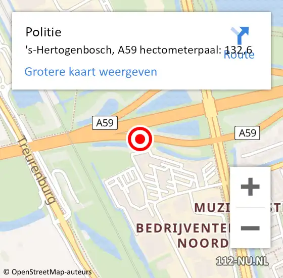 Locatie op kaart van de 112 melding: Politie 's-Hertogenbosch, A59 hectometerpaal: 132,6 op 2 april 2022 14:55