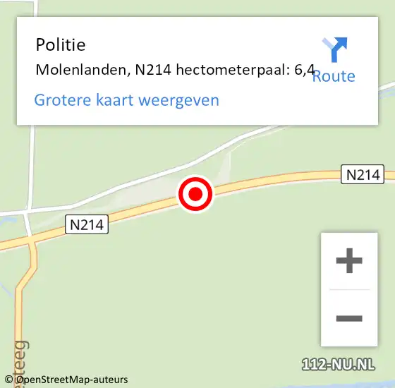 Locatie op kaart van de 112 melding: Politie Molenlanden, N214 hectometerpaal: 6,4 op 2 april 2022 15:57