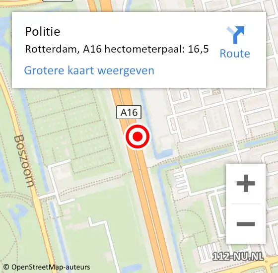 Locatie op kaart van de 112 melding: Politie Rotterdam, A16 hectometerpaal: 16,5 op 2 april 2022 16:19