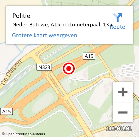 Locatie op kaart van de 112 melding: Politie Neder-Betuwe, A15 hectometerpaal: 135 op 2 april 2022 19:34