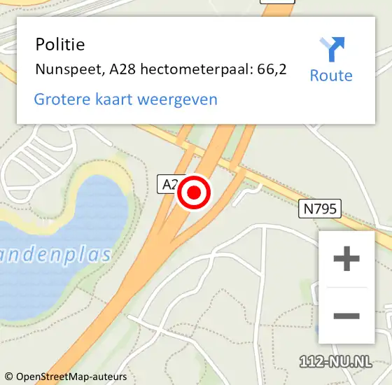 Locatie op kaart van de 112 melding: Politie Nunspeet, A28 hectometerpaal: 66,2 op 2 april 2022 23:47