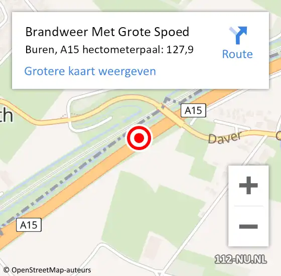 Locatie op kaart van de 112 melding: Brandweer Met Grote Spoed Naar Buren, A15 hectometerpaal: 127,9 op 3 april 2022 02:30