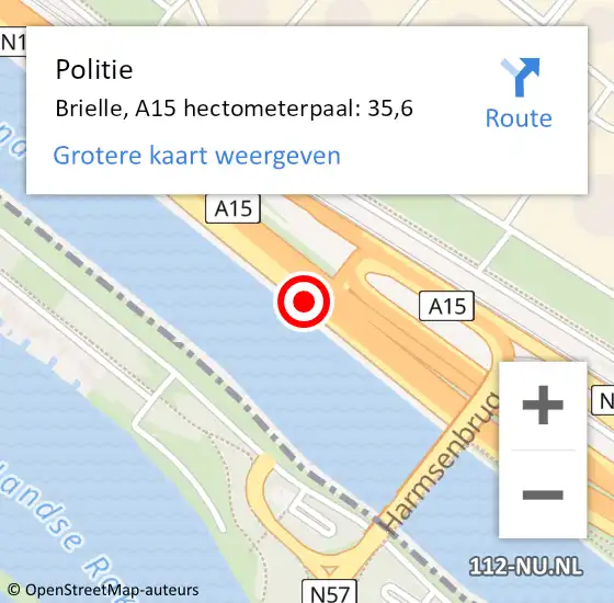 Locatie op kaart van de 112 melding: Politie Brielle, A15 hectometerpaal: 35,6 op 3 april 2022 06:07