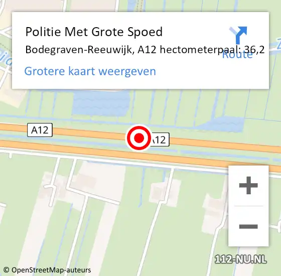 Locatie op kaart van de 112 melding: Politie Met Grote Spoed Naar Bodegraven-Reeuwijk, A12 hectometerpaal: 36,2 op 3 april 2022 07:21