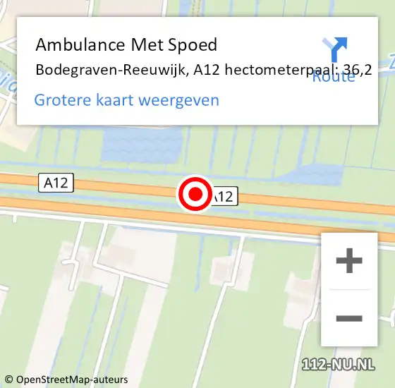 Locatie op kaart van de 112 melding: Ambulance Met Spoed Naar Bodegraven-Reeuwijk, A12 hectometerpaal: 36,2 op 3 april 2022 07:24