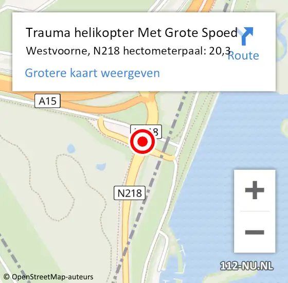 Locatie op kaart van de 112 melding: Trauma helikopter Met Grote Spoed Naar Westvoorne, N218 hectometerpaal: 20,3 op 3 april 2022 13:30