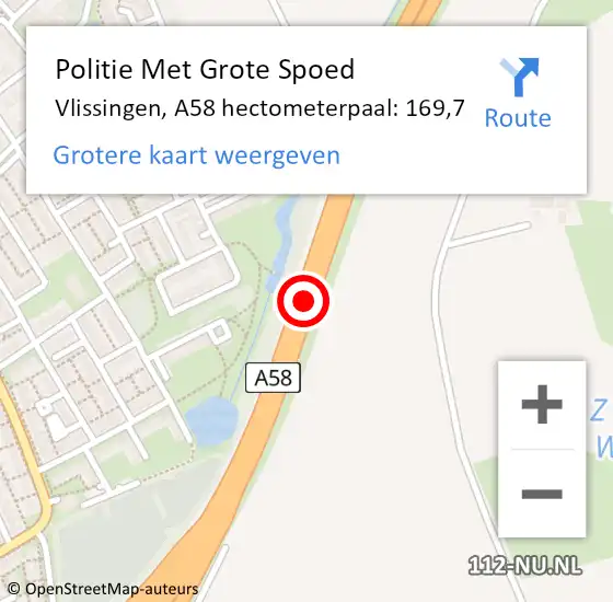 Locatie op kaart van de 112 melding: Politie Met Grote Spoed Naar Vlissingen, A58 hectometerpaal: 169,7 op 3 april 2022 17:12
