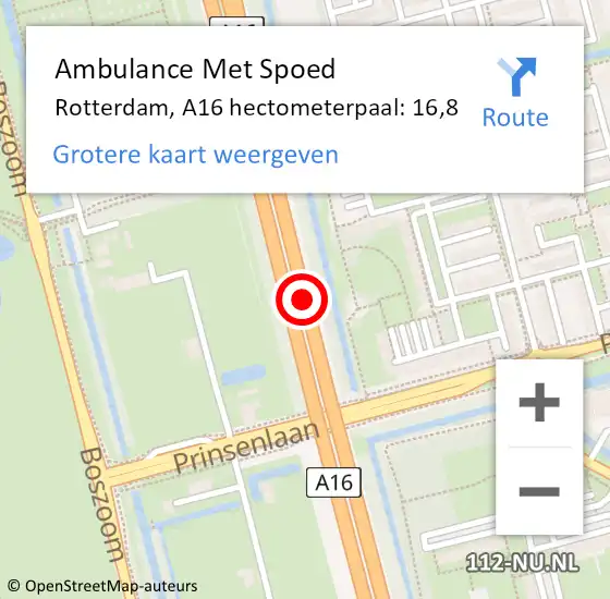 Locatie op kaart van de 112 melding: Ambulance Met Spoed Naar Rotterdam, A16 hectometerpaal: 16,8 op 3 april 2022 18:02