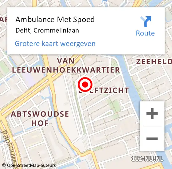 Locatie op kaart van de 112 melding: Ambulance Met Spoed Naar Delft, Crommelinlaan op 3 april 2022 18:36