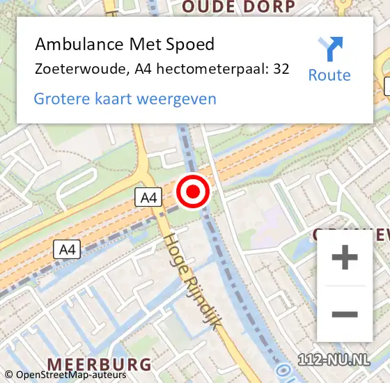 Locatie op kaart van de 112 melding: Ambulance Met Spoed Naar Zoeterwoude, A4 hectometerpaal: 32 op 3 april 2022 20:38