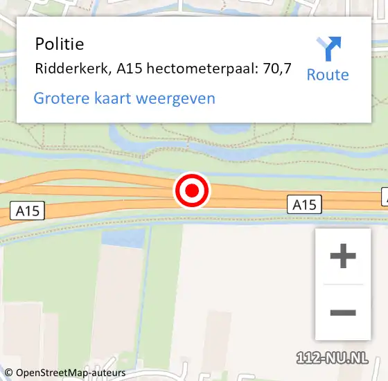 Locatie op kaart van de 112 melding: Politie Ridderkerk, A15 hectometerpaal: 70,7 op 3 april 2022 20:46