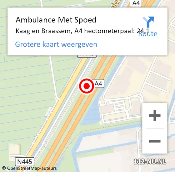 Locatie op kaart van de 112 melding: Ambulance Met Spoed Naar Kaag en Braassem, A4 hectometerpaal: 24,1 op 3 april 2022 21:21