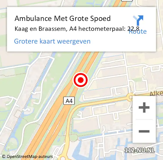 Locatie op kaart van de 112 melding: Ambulance Met Grote Spoed Naar Kaag en Braassem, A4 hectometerpaal: 22,8 op 3 april 2022 21:26