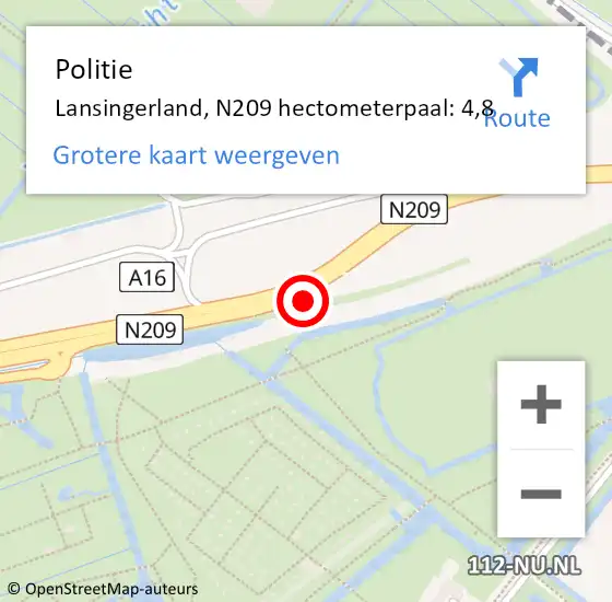 Locatie op kaart van de 112 melding: Politie Lansingerland, N209 hectometerpaal: 4,8 op 3 april 2022 22:01